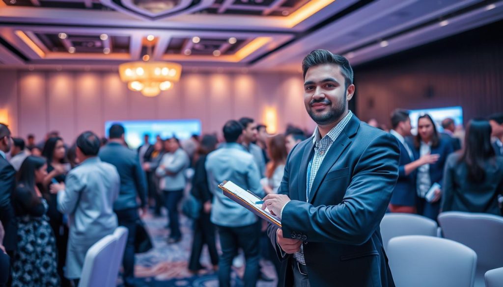 A bustling event venue, the stage set for prospecting opportunities. In the foreground, a smartly dressed consultant from Umalis Group stands poised, clipboard in hand, engaging with potential clients. The middle ground is filled with attendees mingling, exchanging business cards and ideas. Soft, warm lighting casts a professional, inviting glow, while the background showcases a sleek, modern interior design, hinting at the innovative nature of the Umalis Group's services. The atmosphere is one of possibility, where connections are forged, and new ventures take shape.