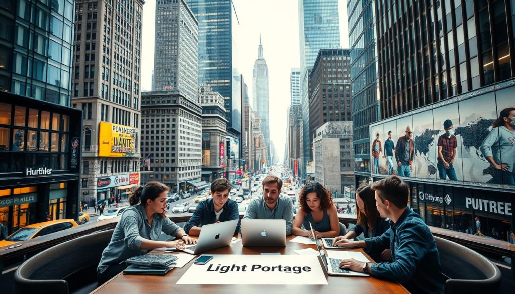 A bustling financial district in a major American city, with towering skyscrapers and busy streets. In the foreground, a group of young, dynamic freelancers gathered around a table, laptops open and papers strewn about, deep in discussion. The lighting is warm and inviting, with the "Light Portage" brand prominently displayed on the table. In the background, a panoramic view of the city skyline, hinting at the scale and opportunity of the American freelance market. The overall atmosphere conveys a sense of energy, innovation, and the unique challenges and rewards of navigating the American freelance landscape.