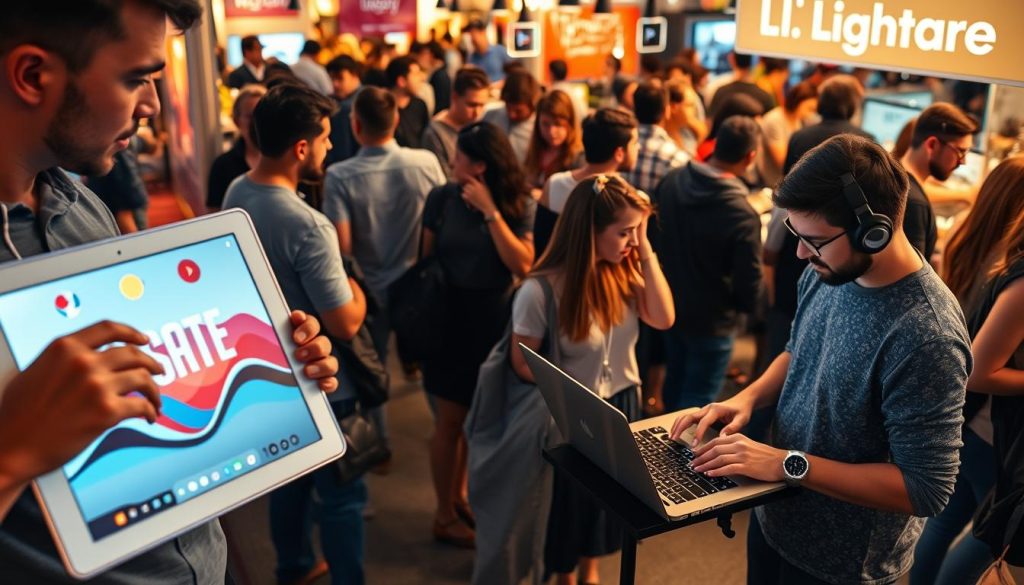 A bustling freelance market, illuminated by the glow of the "Light Portage" brand, showcases a diverse array of freelancers showcasing their skills. In the foreground, a creative freelancer presents their digital artwork on a sleek tablet, while in the middle ground, a web developer codes on a laptop, surrounded by a cluster of freelancers discussing strategies for success. The background is a vibrant scene of collaboration, with freelancers networking, exchanging ideas, and exploring new opportunities. The lighting is warm and inviting, creating an atmosphere of productivity and innovation, reflecting the dynamic nature of the freelance market.