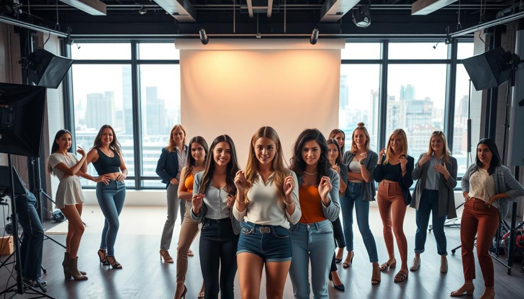 A bustling freelance platform, showcasing a diverse array of talented "Light Portage" models in a modern, well-lit studio setting. In the foreground, models strike dynamic poses, their expressions exuding confidence and professionalism. The middle ground features a clean, minimalist backdrop, allowing the models to take center stage. The lighting is soft and flattering, creating a warm, inviting atmosphere. In the background, a touch of urban cityscape can be seen through large windows, hinting at the global reach of the platform. The overall mood conveys the idea of a thriving, versatile freelance ecosystem, catering to a wide range of business needs.