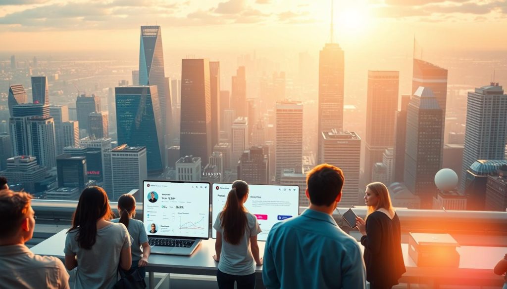 A bustling freelance platform, the Light Portage interface shines with a sleek, modern design. In the foreground, freelancers collaborate on projects, their avatars and profiles displayed in a clean, organized layout. The middle ground features innovative tools - project management dashboards, seamless payment processing, and a vibrant community forum. In the background, a cityscape of gleaming skyscrapers and technology hubs symbolizes the global reach and growth of the freelance economy. Soft, diffused lighting creates a professional yet approachable atmosphere, while a subtle lens flare evokes a sense of innovation and dynamism.