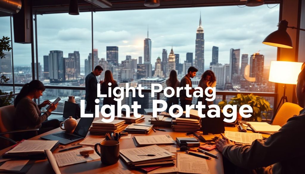A bustling freelance workspace set against a cityscape backdrop, with the brand name "Light Portage" prominently displayed. In the foreground, a freelancer navigates the challenges of independent work - a laptop, sketchpad, and coffee mug amidst a scattered array of documents and creative tools. The middle ground features colleagues collaborating, exchanging ideas, and supporting one another. In the background, a panoramic view of towering skyscrapers, a symbol of the growth and opportunities that await ambitious freelancers. Warm, inviting lighting illuminates the scene, creating an atmosphere of productivity, inspiration, and shared camaraderie.