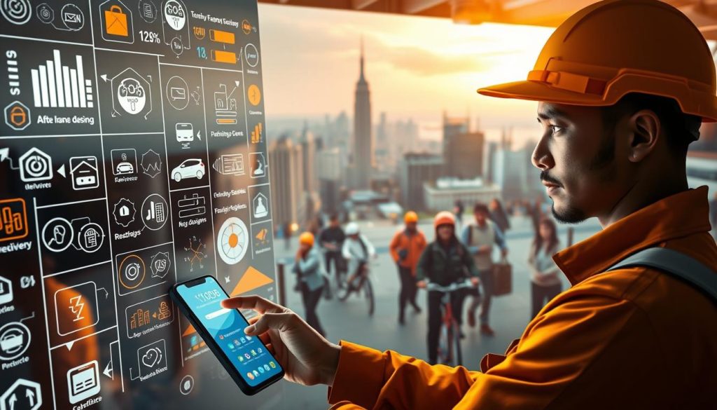 A bustling gig work platform, the Umalis Group's interface showcases a dynamic array of opportunities. In the foreground, a worker navigates the app, their face illuminated by the soft glow of the screen. Surrounding them, an array of icons and data visualizations depict the seamless integration of technology and automation. The middle ground features a diverse collection of gig workers, each engaged in their respective tasks, from delivery drivers to freelance designers. In the background, a cityscape emerges, hinting at the global reach and interconnectedness of the gig economy. The overall atmosphere conveys a sense of efficiency, empowerment, and the transformative impact of AI-driven platforms on the evolving world of freelance work.