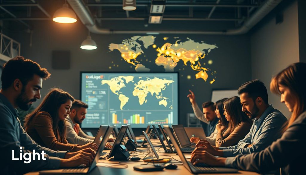 A bustling global digital workshop, bathed in a warm, soft light. In the foreground, a diverse group of professionals collaborating on laptops, their expressions focused and engaged. In the middle ground, a large projection screen displays a dynamic visual dashboard, filled with live data and insights. The background features a stylized world map, with glowing nodes representing interconnected hubs of digital activity. The overall atmosphere is one of productivity, innovation, and a sense of community - the "Light Portage" logo subtly accenting the scene.