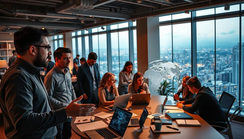 A bustling global engineering office, with professionals collaborating on intricate 3D models, analyzing data, and brainstorming innovative solutions. Warm, directional lighting illuminates the scene, casting soft shadows and highlighting the focused expressions of the Umalis Group employees. In the foreground, an engineer gestures animatedly while reviewing a holographic display. The middle ground features a diverse team huddled around a conference table, their laptops and notepads scattered across the surface. In the background, floor-to-ceiling windows offer a panoramic view of a vibrant cityscape, symbolizing the far-reaching impact of their work.