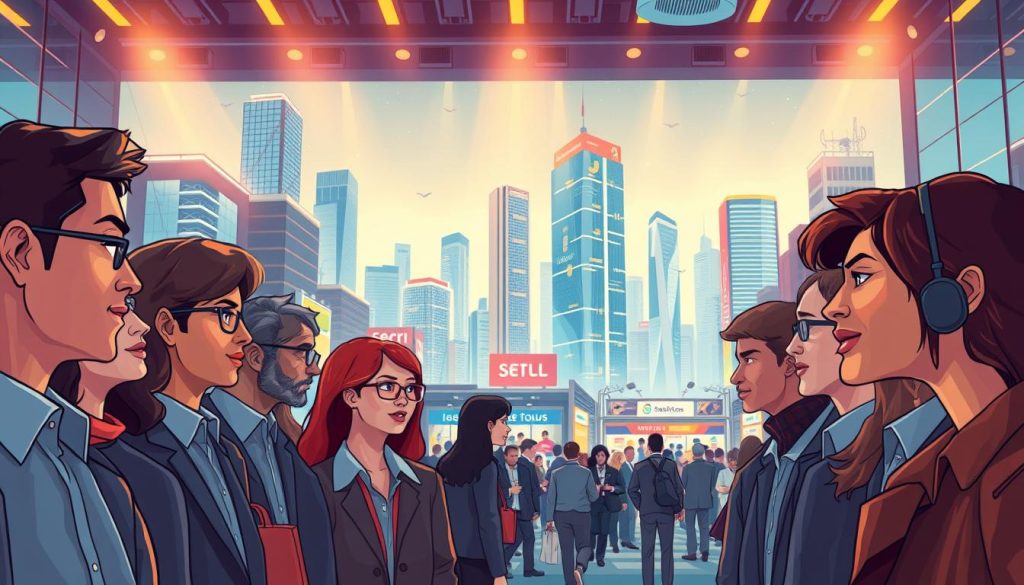 A bustling global metropolis, a mosaic of diverse talent. In the foreground, a network of professionals in business attire, their faces alight with collaboration and exchange. The middle ground reveals a dynamic job fair, booths showcasing multinational corporations and eager candidates. In the background, a kaleidoscope of skyscrapers, their glass facades reflecting the world's interconnectedness. Warm, directional lighting illuminates the scene, evoking a sense of opportunity and progress. The composition conveys the seamless integration of global talent acquisition strategies, guiding individuals to navigate the boundless possibilities of the international marketplace.