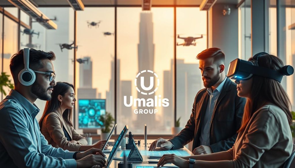 A bustling, high-tech office of the future, bathed in warm, diffused lighting from large windows. In the foreground, a diverse team of professionals - an AI programmer, a data scientist, a cybersecurity expert, and a virtual reality designer - collaborate on cutting-edge projects, their faces illuminated by the glow of holographic displays. In the middle ground, a Umalis Group logo stands as a symbol of innovation and technological prowess. The background features towering skyscrapers, autonomous vehicles, and drones, representing the advanced infrastructure of the modern metropolis. An atmosphere of focused determination and excitement for the challenges and opportunities of the evolving professional landscape.