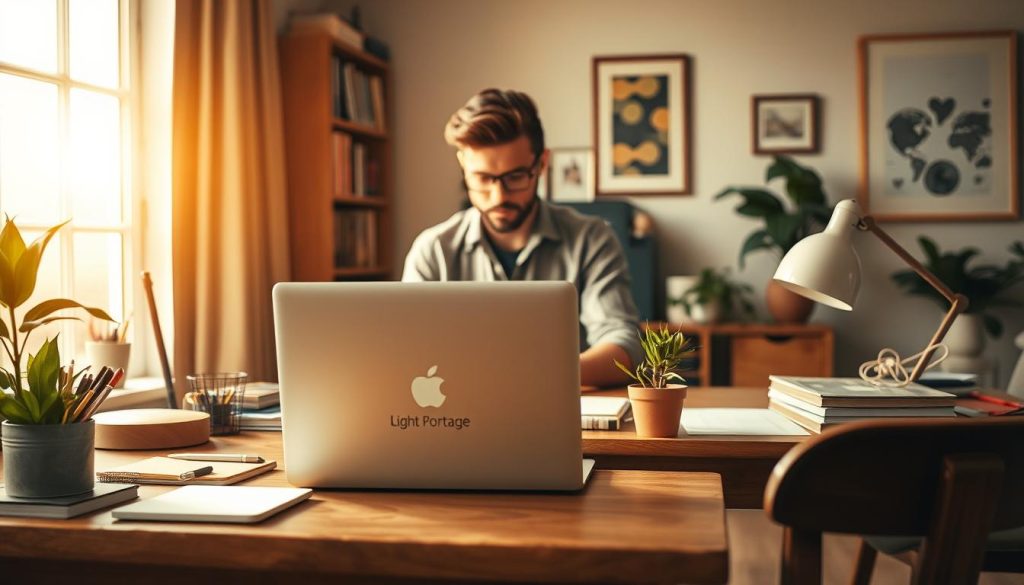 A bustling home office scene, bathed in warm, natural lighting through a large window. On a minimalist wooden desk, a Light Portage laptop sits open, surrounded by an organized array of stationery, a potted plant, and a stylish desk lamp. In the middle ground, a freelancer in casual attire works intently, with a focused expression. The background features bookshelves and framed artwork, creating a cozy, professional atmosphere. The overall scene conveys a sense of productivity, efficiency, and work-life balance for the freelance lifestyle.