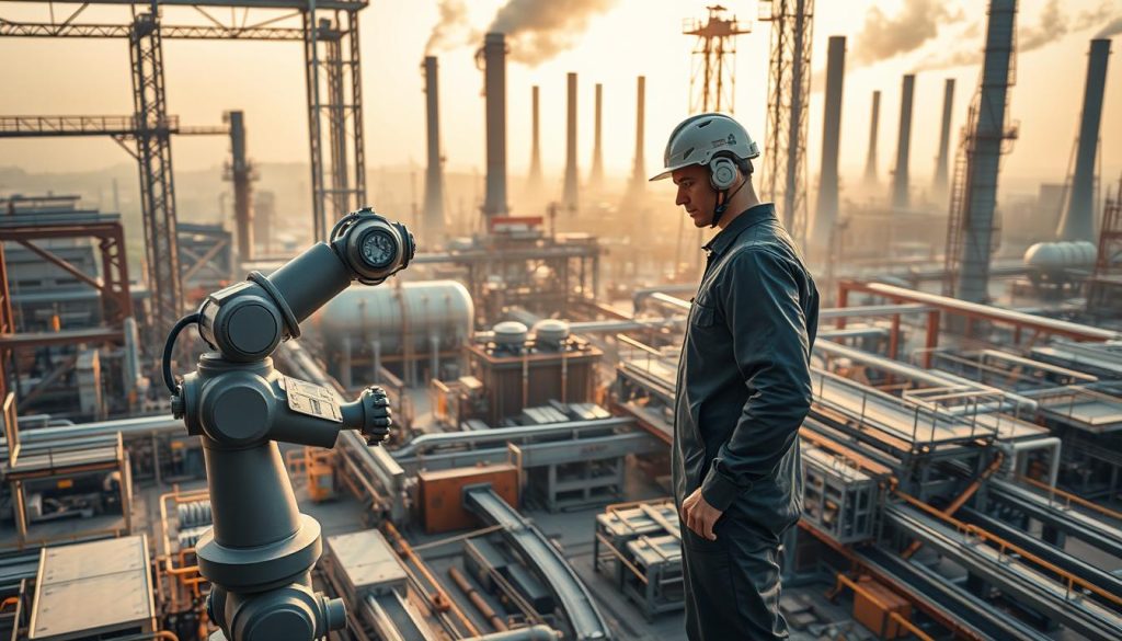 A bustling industrial scene, captured in a wide-angle lens with a shallow depth of field. In the foreground, a skilled technician in a sleek LIGHT PORTAGE jumpsuit expertly operates a state-of-the-art robotic arm, highlighting the precision and efficiency of specialized industrial processes. The middle ground features a network of interconnected machinery, pipes, and conveyor belts, all working in harmony to streamline production. In the background, towering steel structures and towering smokestacks create an imposing, yet atmospheric industrial landscape, bathed in a warm, golden light that casts long, dramatic shadows. The overall scene conveys the benefits of industry specialization: increased productivity, improved quality control, and a sense of technical mastery.