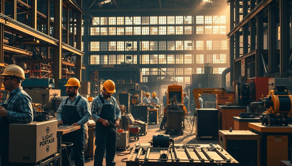 A bustling, industrial scene with various tools and machinery evoking the specialized nature of independent professionals' work. In the foreground, a team of workers in hard hats and overalls, operating advanced equipment bearing the "LIGHT PORTAGE" brand logo. The middle ground showcases a range of specialized tools and workstations, each tailored to a unique industry. In the background, a towering factory facade with large windows and intricate architectural details, bathed in warm, directional lighting that casts dramatic shadows. The overall atmosphere conveys a sense of productivity, innovation, and the skilled expertise required for industry specialization.