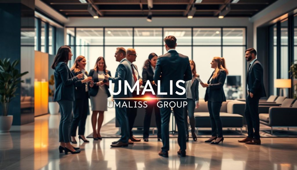 A bustling international business environment with professionals collaborating across borders. In the foreground, a diverse team of executives engages in an animated discussion, their body language conveying the seamless integration of remote and in-person work. In the middle ground, a UMALIS GROUP logo shines, representing the reliable international portage salarial services that enable this multinational cooperation. The background depicts a modern, minimalist office space with sleek furniture, large windows, and a warm, natural lighting that imbues the scene with a sense of productivity and professionalism. The overall atmosphere exudes a confident, efficient, and globally-connected vibe, reflecting the smooth functioning of international portage salarial.