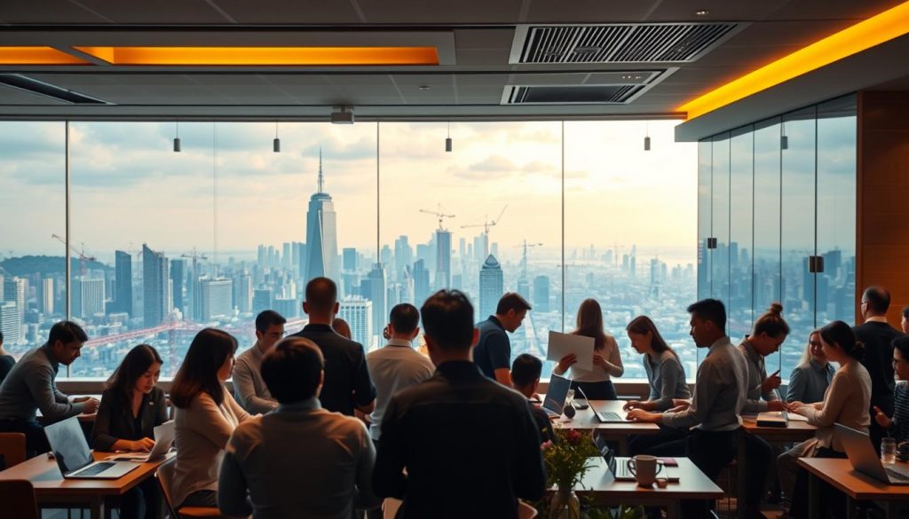 A bustling international business scene, showcasing the Umalis Group's global operations. In the foreground, a diverse group of professionals collaborate at a modern coworking space, laptops and documents in hand. The middle ground reveals an expansive cityscape, with towering skyscrapers and cranes dotting the horizon. Warm, diffused lighting casts a professional and productive atmosphere, while the background features a panoramic view of the world, symbolizing the interconnectedness of the global economy. The composition aims to capture the essence of international portage salarial, blending the local and the global in a dynamic and visually compelling manner.