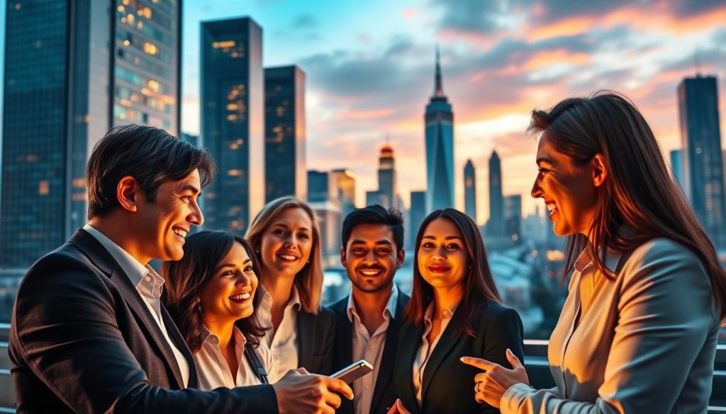A bustling international business scene with professionals working together, set against a backdrop of towering skyscrapers and a vibrant city skyline. In the foreground, a group of consultants from the Umalis Group discuss the advantages of international payroll services, their faces alight with enthusiasm. Warm, directional lighting illuminates the scene, creating a sense of energy and productivity. The composition is balanced, with the consultants in the middle ground and the cityscape receding into the distance, creating depth and a sense of scale. The overall mood is one of optimism, professionalism, and the exciting possibilities of global work.