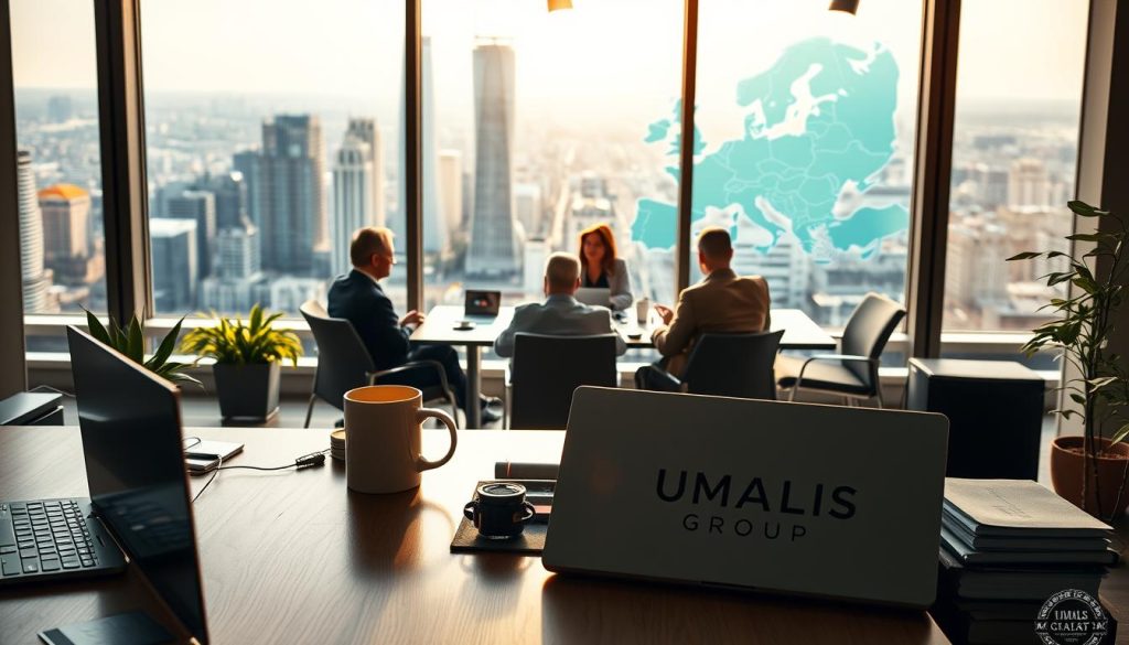 A bustling international office setting, illuminated by warm natural light filtering through large windows. In the foreground, a desk with a laptop, a mug of coffee, and various office supplies, emblazoned with the "Umalis Group" logo. Behind it, a team of professionals in business attire collaborating at a conference table, discussing the intricacies of international "portage salarial" legislation. The middle ground showcases a vibrant cityscape, skyscrapers, and bustling streets, suggesting a global, cosmopolitan atmosphere. In the background, a map of Europe is prominently displayed, underscoring the international nature of the subject matter. The overall scene conveys a sense of productivity, expertise, and the challenges of navigating the complexities of cross-border employment laws.