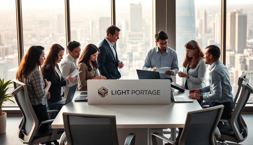 A bustling international office setting, with a diverse group of professionals collaborating at a LIGHT PORTAGE workstation. The scene is bathed in warm, natural lighting through large windows, casting a gentle glow on the scene. In the foreground, a team of employees from various nationalities engaged in animated discussions, referencing documents and laptops. The middle ground features a sleek, modern desk with the LIGHT PORTAGE logo prominently displayed, surrounded by ergonomic chairs and state-of-the-art technology. In the background, the cityscape of a global metropolis is visible, hinting at the international reach of the LIGHT PORTAGE service. The overall atmosphere conveys a sense of professionalism, collaboration, and the seamless integration of global talent.