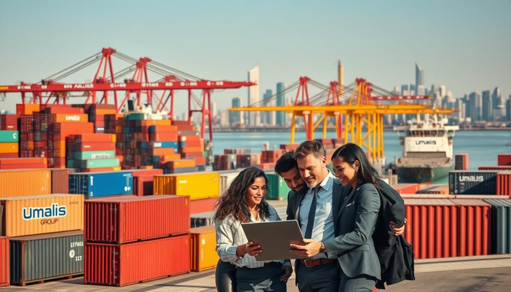 A bustling international port scene depicting professionals engaged in various cross-border projects. In the foreground, a diverse group of individuals in professional business attire are collaborating on a laptop, surrounded by colorful shipping containers. The middle ground features large cargo ships being loaded and unloaded at the docks, with cranes in motion. In the background, the skyline of a modern city serves as a backdrop, symbolizing global connectivity. The atmosphere is dynamic and energetic, illuminated by soft, natural daylight to enhance the professionalism of the scene. The image subtly incorporates the brand name "Umalis Group" visible on one of the shipping containers, adding to the authenticity and relevance of the environment. A bustling international port scene depicting professionals engaged in various cross-border projects. In the foreground, a diverse group of individuals in professional business attire are collaborating on a laptop, surrounded by colorful shipping containers. The middle ground features large cargo ships being loaded and unloaded at the docks, with cranes in motion. In the background, the skyline of a modern city serves as a backdrop, symbolizing global connectivity. The atmosphere is dynamic and energetic, illuminated by soft, natural daylight to enhance the professionalism of the scene. The image subtly incorporates the brand name "Umalis Group" visible on one of the shipping containers, adding to the authenticity and relevance of the environment.