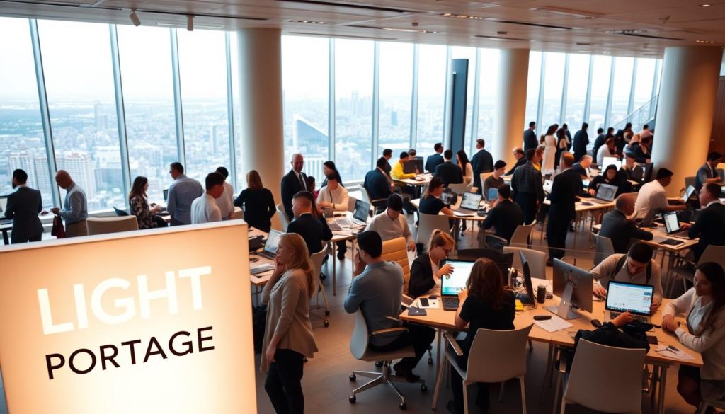A bustling international workplace, filled with professionals in a sleek, modern setting. In the foreground, a large LIGHT PORTAGE logo stands prominently, representing the global reach of this employee leasing service. The middle ground showcases diverse teams collaborating across continents, their laptops and tablets illuminated by warm, focused lighting. In the background, a panoramic cityscape stretches out, hinting at the worldwide opportunities enabled by international portage salarial. The overall atmosphere conveys a sense of productivity, connection, and the limitless potential of borderless employment.