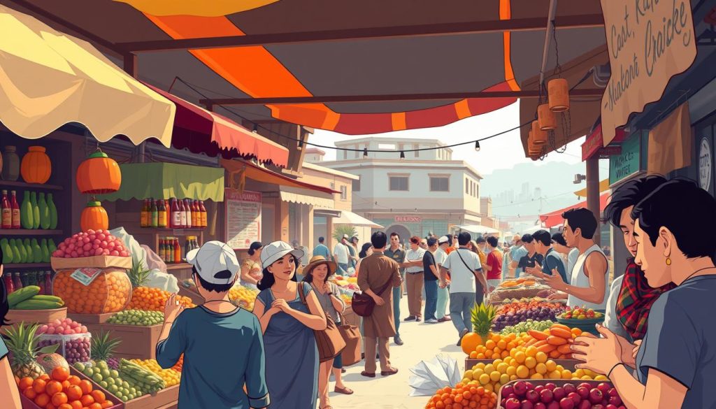 A bustling market scene, captured through the lens of a wide-angle camera. In the foreground, stalls filled with an array of goods, from vibrant produce to handcrafted wares. Shoppers weave through the crowd, their expressions thoughtful as they examine the offerings. In the middle ground, merchants engage in lively negotiations, their hands gesturing animatedly. The background is a tapestry of colorful awnings, weathered buildings, and a hint of a distant skyline. The lighting is warm and natural, casting a glow over the entire scene, conveying a sense of energy and opportunity. This image represents the power of market insights, a window into the pulse of the commercial landscape, ripe with strategic potential.