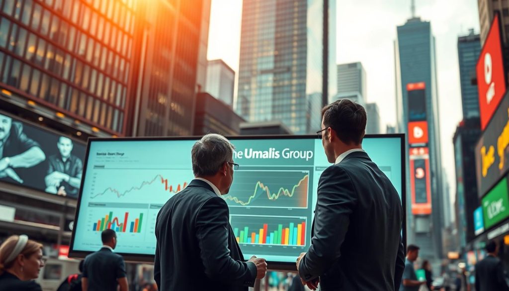 A bustling market scene, set against a backdrop of towering skyscrapers and a vibrant urban skyline. In the foreground, a group of business professionals in crisp suits and ties huddle around a large, sleek touchscreen display, analyzing charts and graphs that depict the ebb and flow of market demand. The Umalis Group logo is prominently displayed on the screen, reflecting the company's expertise in demand forecasting. Warm, directional lighting illuminates the scene, casting dramatic shadows and highlighting the concentration on the faces of the analysts. The atmosphere is one of focused intensity, as they work to uncover insights that will help their clients adapt and thrive in an ever-changing marketplace.