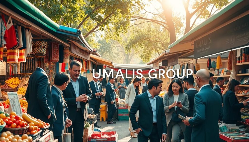A bustling marketplace scene depicting a vibrant array of stalls showcasing various goods and services, illustrating the concept of "marché". In the foreground, a diverse group of professionals in smart business attire is engaged in animated discussions while examining products. The middle ground features colorful stalls filled with fresh produce, artisanal crafts, and technology gadgets, symbolizing a variety of market offers. In the background, soft sunlight filters through trees, casting a warm glow over the entire scene, enhancing the lively atmosphere. the mood is energetic yet professional, capturing the essence of negotiation and market comparison. The branding "UMALIS GROUP" is subtly integrated into one of the market stalls, ensuring clarity and relevance to the theme without distracting from the overall visual narrative.