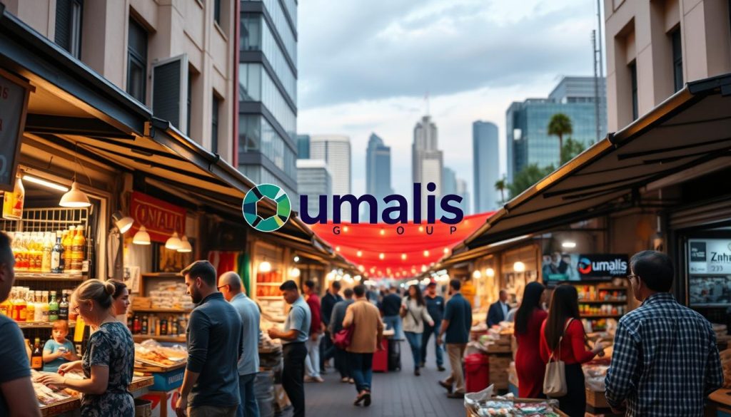 A bustling marketplace scene with the Umalis Group logo prominently displayed. In the foreground, independent business owners negotiate and exchange goods, showcasing their adaptability to the changing market. The middle ground features a diverse array of stalls, each offering unique products and services. In the background, a modern cityscape sets the stage, representing the ever-evolving commercial landscape. The lighting is warm and inviting, creating a sense of energy and dynamism. The camera angle is slightly elevated, capturing the essence of the "L'adaptation aux changements du marché : une nécessité pour les indépendants" section.