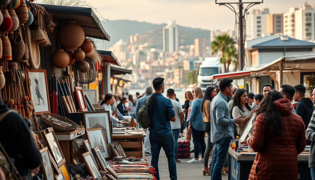 A bustling marketplace with independent professionals showcasing their diverse skills and services. In the foreground, a dynamic display of handcrafted products, artwork, and unique offerings from the Umalis Group. The middle ground features earnest conversations between vendors and interested buyers, capturing the adaptability and responsiveness to market demands. In the background, a vibrant cityscape with a warm, inviting ambiance, conveying the thriving ecosystem of independent careers. Soft, diffused lighting illuminates the scene, creating a sense of energy and opportunity. The overall composition emphasizes the successful adaptation of independent professionals to evolving market conditions.