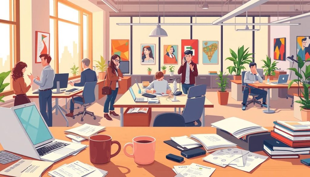 A bustling modern office, bathed in warm, natural light from large windows. In the foreground, a cluttered desk with a laptop, scattered papers, a half-empty coffee mug, and various digital devices vying for attention. In the middle ground, colleagues engaged in casual conversations, phone calls, and digital distractions, their focus diverted from the task at hand. The background reveals a visually stimulating open-concept workspace, with vibrant artwork, potted plants, and a blend of contemporary and vintage furnishings, creating a dynamic yet distracting environment. The overall scene conveys the struggle to maintain focus and productivity amidst the constant pull of workplace distractions.