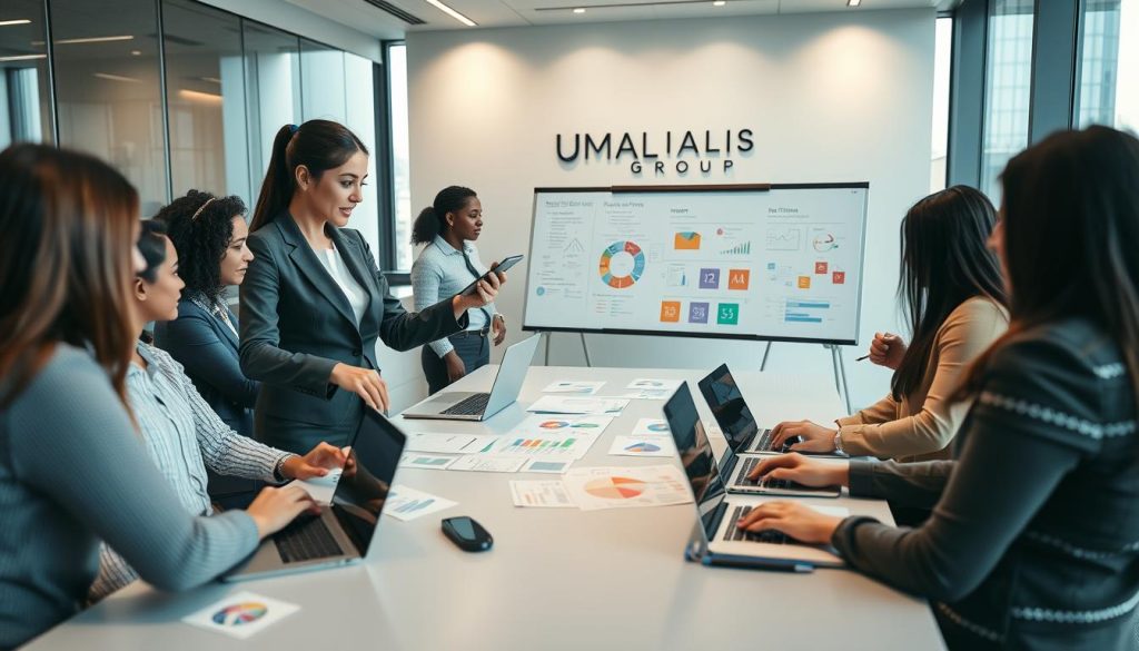 A bustling modern office environment showcasing a group of diverse professionals engaged in strategic discussions about freelance opportunities. In the foreground, a confident businesswoman in a tailored suit points at a digital tablet displaying potential project listings. Surrounding her are colleagues, both men and women, collaborating with elegant laptops and documents spread across a sleek conference table. The middle ground features a large whiteboard filled with colorful charts and diagrams on prospecting strategies. The background gives a hint of a cityscape through large glass windows, suggesting a vibrant business atmosphere. The lighting is bright and inviting, with a warm glow enhancing the professional setting. Emphasize the logo "UMALIS GROUP" on a wall in the background, subtly integrated into the decor.