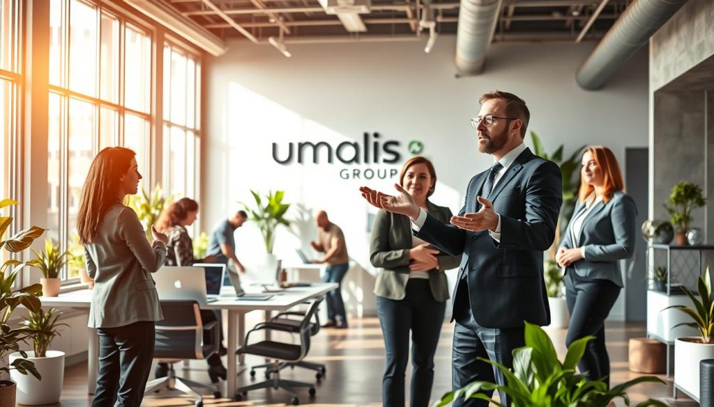 A bustling modern office interior, bathed in warm natural light from large windows. In the foreground, a consultant in a smart business attire gestures animatedly while discussing communication strategies with a team of professionals. The Umalis Group logo is prominently displayed on the wall behind them. In the middle ground, colleagues collaborate at standing desks, laptops open, ideas flowing. The background reveals an open-concept layout with sleek furniture, vibrant plants, and a general atmosphere of productivity and creativity. The scene conveys the advantages of the "portage salarial" employment model, highlighting effective communication, teamwork, and a dynamic work environment.