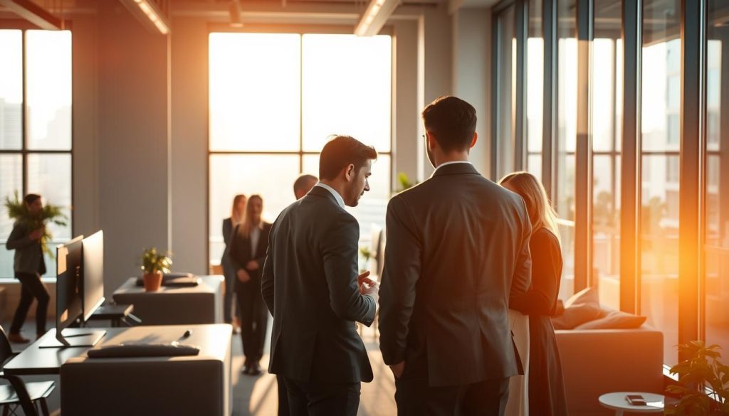 A bustling modern office scene, bathed in warm natural light filtering through large windows. In the foreground, a team of professionals engaged in discussions, highlighting the role and responsibilities of the "Umalis Group" portage salarial company. The middle ground showcases a well-appointed workspace with sleek furniture and state-of-the-art technology, conveying a sense of professionalism and expertise. The background subtly suggests the broader societal context, with glimpses of the urban skyline visible outside. The overall atmosphere is one of collaboration, efficiency, and a commitment to supporting independent professionals in their career journeys.