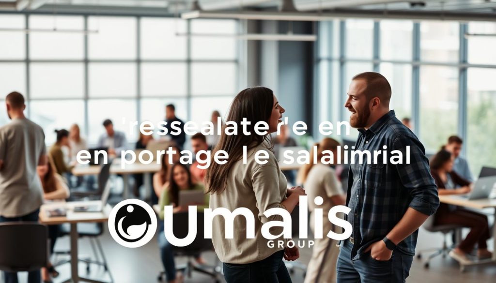 A bustling network of freelance professionals gathered in a modern co-working space, highlighted by the Umalis Group brand. In the foreground, two people in casual attire engaged in an animated discussion, their body language exuding a sense of collaboration and opportunity. In the middle ground, a diverse group of individuals sit at shared desks, laptops open, deep in thought. The background features a sleek, minimalist decor with large windows bathing the scene in soft, diffused natural light, creating a warm and productive atmosphere. The overall composition conveys the vibrant and interconnected nature of the "réseautage en portage salarial" experience.