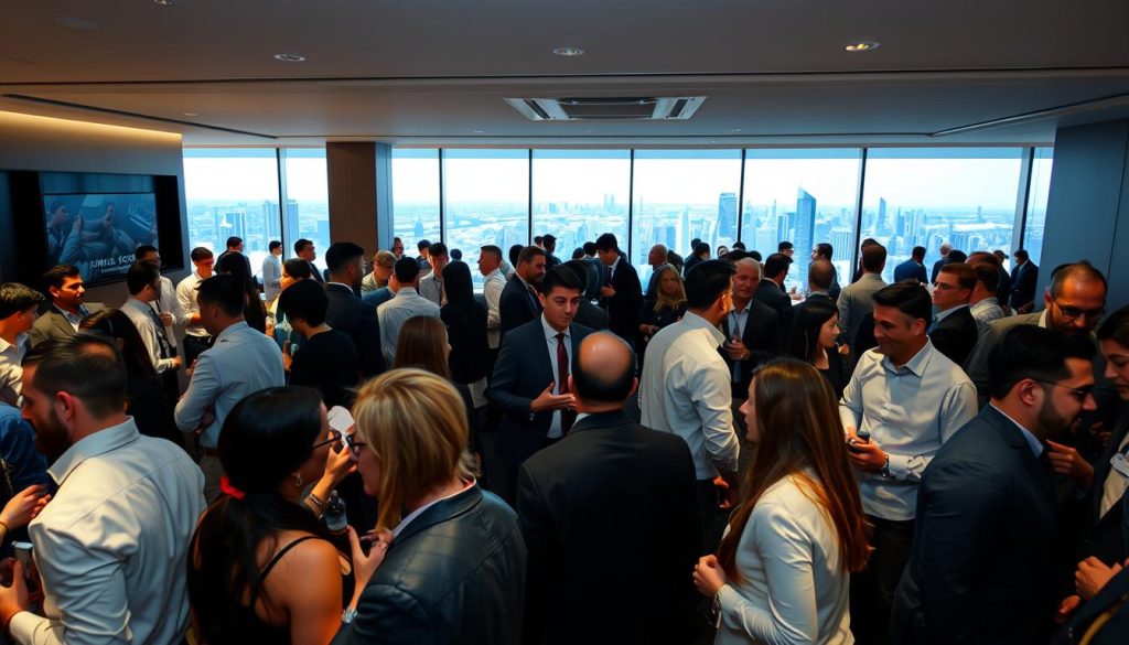 A bustling networking event hosted by Umalis Group, a team of professional consultants. The foreground features a diverse group of business professionals engaged in lively discussions, exchanging ideas and making connections. The middle ground showcases a sleek, modern event space with minimalist decor, allowing the attendees to take center stage. In the background, a panoramic view of the city skyline sets the scene, conveying a sense of urban sophistication. Soft, diffused lighting creates a warm, inviting atmosphere, while the strategic camera angle captures the energy and vibrancy of the event. This image perfectly encapsulates the spirit of professional networking and the value of expanding one's business contacts. A bustling networking event hosted by Umalis Group, a team of professional consultants. The foreground features a diverse group of business professionals engaged in lively discussions, exchanging ideas and making connections. The middle ground showcases a sleek, modern event space with minimalist decor, allowing the attendees to take center stage. In the background, a panoramic view of the city skyline sets the scene, conveying a sense of urban sophistication. Soft, diffused lighting creates a warm, inviting atmosphere, while the strategic camera angle captures the energy and vibrancy of the event. This image perfectly encapsulates the spirit of professional networking and the value of expanding one's business contacts.