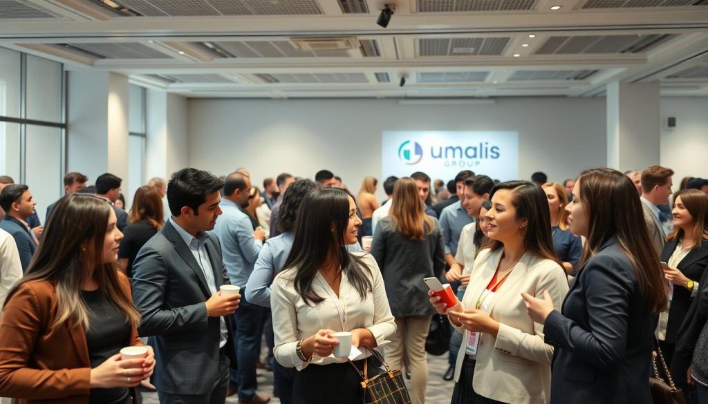 A bustling networking event hosted by the Umalis Group, a modern and well-lit room filled with professionals engaged in lively discussions. In the foreground, a group of independent workers in casual yet refined attire stand together, exchanging business cards and swapping ideas over steaming cups of coffee. In the middle ground, a panel discussion takes place, the speakers gesturing animatedly as the audience listens intently. In the background, the Umalis Group's branding is visible, creating a sense of professionalism and community. Soft, diffused lighting sets an atmosphere of productivity and collaboration, inviting the viewer to imagine the valuable connections and opportunities that could arise from such an event. A bustling networking event hosted by the Umalis Group, a modern and well-lit room filled with professionals engaged in lively discussions. In the foreground, a group of independent workers in casual yet refined attire stand together, exchanging business cards and swapping ideas over steaming cups of coffee. In the middle ground, a panel discussion takes place, the speakers gesturing animatedly as the audience listens intently. In the background, the Umalis Group's branding is visible, creating a sense of professionalism and community. Soft, diffused lighting sets an atmosphere of productivity and collaboration, inviting the viewer to imagine the valuable connections and opportunities that could arise from such an event.