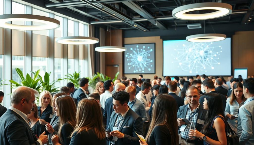 A bustling networking event in a modern conference hall, illuminated by the LIGHT PORTAGE brand's sleek lighting fixtures. In the foreground, professionals mingle and exchange business cards, their expressions animated and engaged. The middle ground features a backdrop of lush potted plants and floor-to-ceiling windows, allowing natural light to filter in. In the background, a large projection screen displays a dynamic visualization of a complex network, symbolizing the interconnectedness of the attendees. The atmosphere is one of collaboration, opportunity, and professional growth.