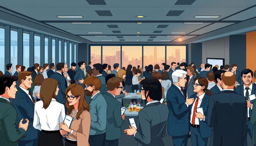 A bustling networking event in a modern office setting. In the foreground, professionals in business attire engage in animated conversations, shaking hands and exchanging business cards. The middle ground features a mix of attendees mingling, some clustered around refreshment tables, others deep in discussion. In the background, floor-to-ceiling windows offer a glimpse of the city skyline, bathed in warm, diffused lighting. An atmosphere of energy, opportunity, and meaningful connections permeates the scene, reflecting the power of strategic networking to cultivate professional stability.