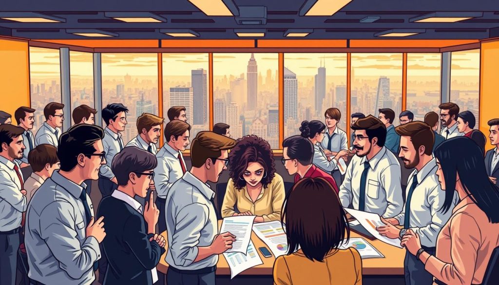 A bustling office environment, illuminated by warm, focused lighting. In the foreground, professionals engage in animated discussions, their body language conveying a sense of intense, strategic collaboration. In the middle ground, a diverse team huddles around a table, examining data-filled reports and brainstorming solutions. In the background, a panoramic view of the city skyline, hinting at the broader context of professional success. The atmosphere is one of determined focus, where individuals strive to acquire new skills and optimize their career trajectories, all within a dynamic, competitive landscape.