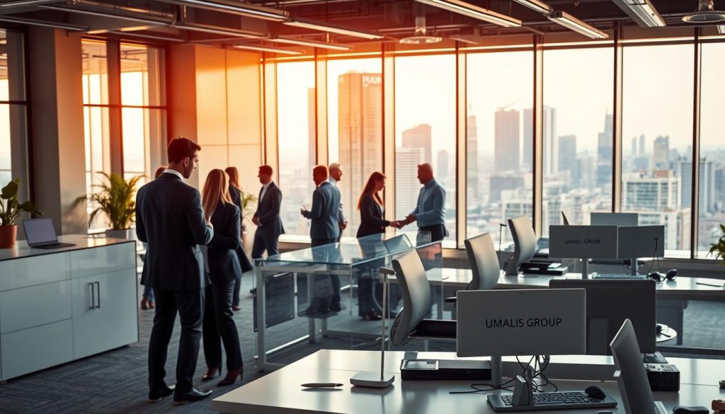 A bustling office environment, illuminated by warm, natural light filtering through large windows. In the foreground, a group of professionals gathered around a conference table, engaged in a collaborative discussion on financial management strategies. The middle ground features sleek, modern workstations with UMALIS GROUP branding, showcasing the tools and technologies used in the field of business administration. In the background, a backdrop of towering skyscrapers and a cityscape, symbolizing the dynamic and ever-evolving nature of the corporate world. The overall scene conveys a sense of professionalism, efficiency, and the seamless integration of the portage salarial system into the day-to-day operations of a thriving business management environment.