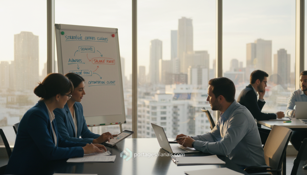 A bustling office environment showcasing a diverse team of professionals engaged in discussions about "société de portage." In the foreground, three individuals in professional attire—one woman and two men—are seated around a sleek conference table, analyzing documents and digital devices related to portage services. The middle ground features a large whiteboard filled with colorful diagrams and notes, illustrating strategies for clear and marketable offers. In the background, large windows provide a view of a modern cityscape bathed in warm, natural light, creating an inviting atmosphere. The lens captures the scene with a slight depth of field, emphasizing the engaged teamwork. Overall, the image conveys professionalism, collaboration, and innovation, reflecting the essence of "portagesalarials.com".