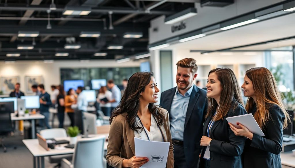 A bustling office environment, with Umalis Group employees collaborating on various projects. In the foreground, a team of professionals in business attire engaged in a lively discussion, their expressions conveying the dynamic nature of their roles. The middle ground showcases a range of diverse occupations, from IT specialists to marketing experts, all working together seamlessly. The background features a modern, well-lit workspace with sleek furniture and state-of-the-art technology, reflecting the forward-thinking nature of the Umalis Group. The overall atmosphere is one of productivity, innovation, and a strong sense of purpose, capturing the essence of the "portage salarial" concept in France.