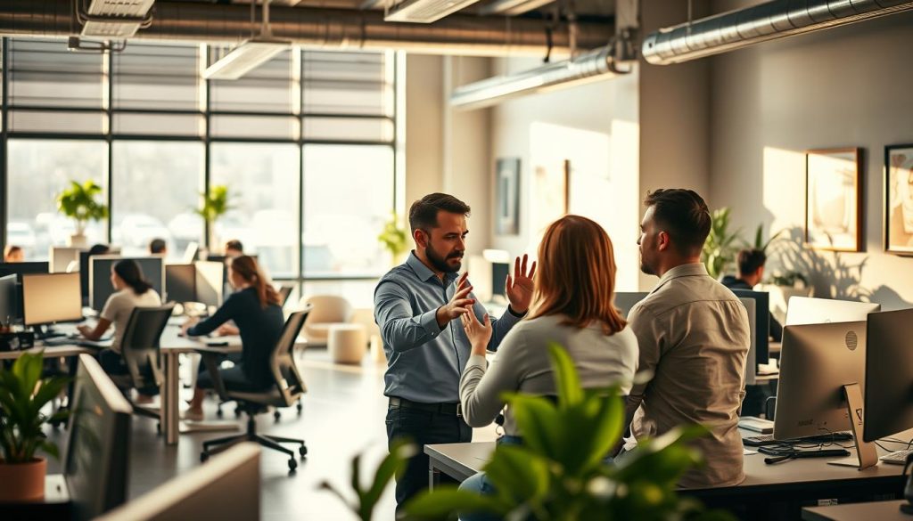 A bustling office environment with Umalis Group employees diligently working at their desks. The scene is bathed in warm, natural lighting filtering through large windows, casting a soft glow across the space. In the foreground, a group of colleagues engaged in a safety-focused discussion, gesturing animatedly as they review workplace protocols. The middle ground features ergonomic office furniture and modern technological equipment, symbolizing the importance of a safe and comfortable work setup. In the background, potted plants and framed art on the walls create a welcoming, professional atmosphere. An overall sense of productivity, collaboration, and commitment to workplace security permeates the image.