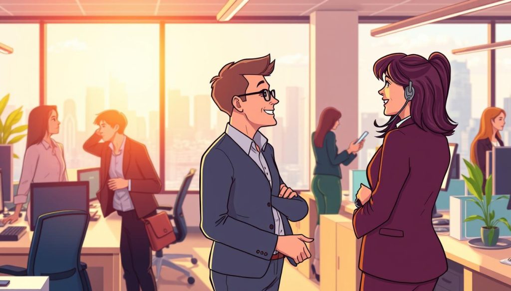 A bustling office environment with a customer service representative and a client engaged in a dynamic conversation. The scene is bathed in warm, natural lighting, captured through a slightly wide-angle lens to emphasize the interaction. In the foreground, the customer and employee lean forward, their body language conveying active listening and empathy. The middle ground showcases the workspace, with clean, modern desks and minimalist decor, creating a professional yet inviting atmosphere. In the background, a large window offers a view of a vibrant cityscape, hinting at the broader context of the business. The overall mood is one of productive collaboration and a shared commitment to delivering exceptional customer service.