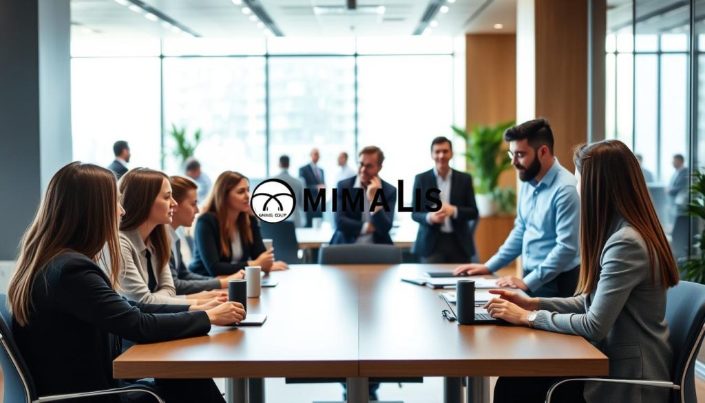 A bustling office environment with professionals engaged in career transition management. In the foreground, a group of diverse individuals collaborating around a conference table, discussing career paths and strategies. In the middle ground, a Umalis Group logo is prominently displayed, signifying their expertise in this domain. The background features a sleek, modern interior with large windows, allowing natural light to filter in and create a professional, yet warm atmosphere. The scene conveys a sense of progress, growth, and a commitment to personal and professional development. A bustling office environment with professionals engaged in career transition management. In the foreground, a group of diverse individuals collaborating around a conference table, discussing career paths and strategies. In the middle ground, a Umalis Group logo is prominently displayed, signifying their expertise in this domain. The background features a sleek, modern interior with large windows, allowing natural light to filter in and create a professional, yet warm atmosphere. The scene conveys a sense of progress, growth, and a commitment to personal and professional development.