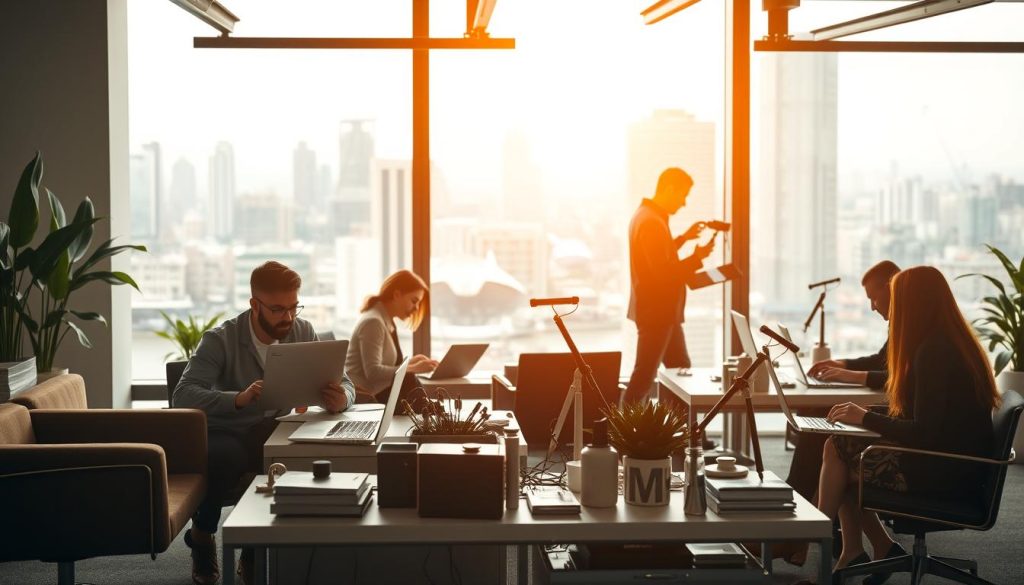 A bustling office environment, with professionals engaged in specialized contract work under the Umalis Group's portage salarial model. The foreground features a team of skilled individuals collaborating on laptops, surrounded by sleek, minimalist furniture and decor. The middle ground showcases a variety of specialized tools and resources, reflecting the diverse nature of the missions. In the background, a large window offers a glimpse of a vibrant cityscape, symbolizing the dynamic and ever-changing opportunities in the portage salarial industry. Warm, natural lighting permeates the scene, creating a productive and inviting atmosphere.