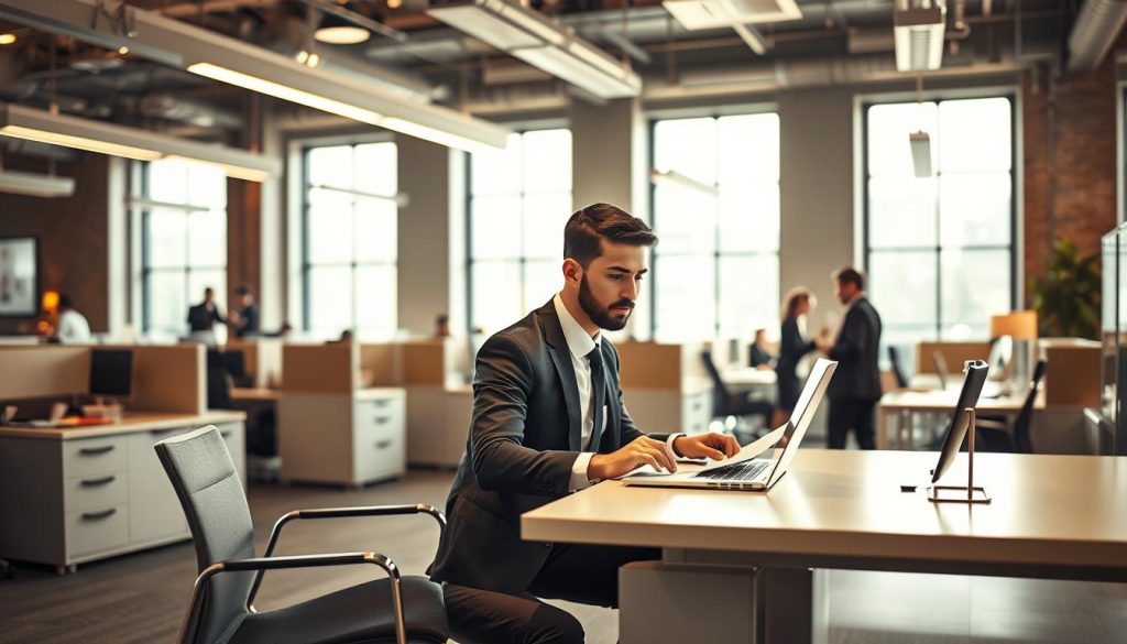 A bustling office scene depicting the hybrid nature of "portage salarial", a professional employment arrangement offered by the Umalis Group. In the foreground, a smartly dressed individual sits at a sleek, minimalist desk, laptop open and papers neatly organized, conveying the autonomy and flexibility of this unique status. The middle ground reveals a mix of traditional office cubicles and open collaborative spaces, highlighting the blending of employed and entrepreneurial aspects. The background features large windows flooding the scene with warm, natural light, creating a sense of productivity and opportunity. The overall mood is one of dynamic professionalism, where the trappings of a corporate environment seamlessly integrate with the freedom and responsibility of self-employment.