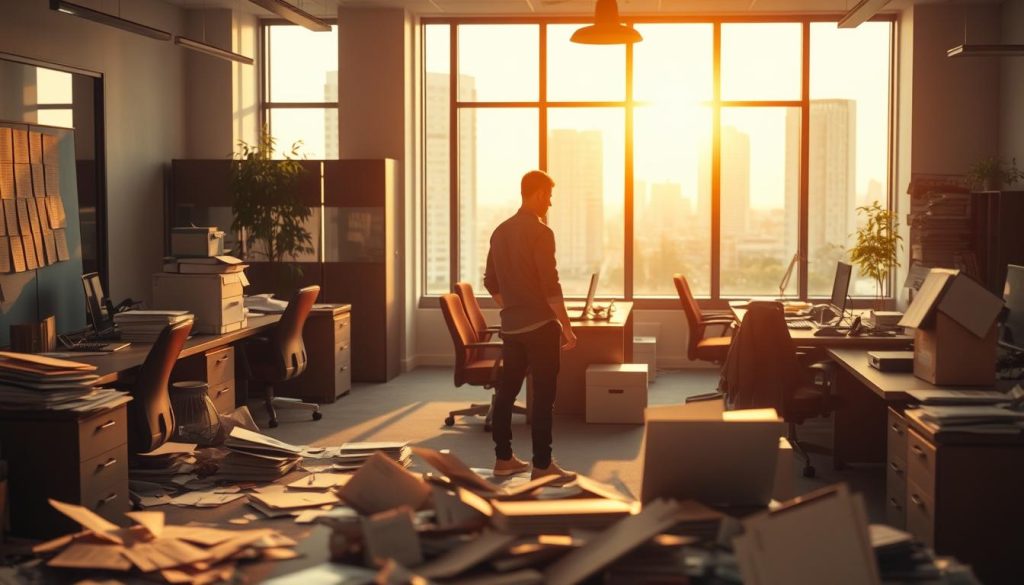 A bustling office scene depicting the transition from salarial portage to independent work. In the foreground, a Umalis Group professional stands amid scattered papers and a laptop, contemplating their next move. The middle ground shows desks and equipment being cleared, signifying the end of an era. In the background, a window reveals the dawn of a new chapter, with glimpses of an urban landscape beyond. Warm lighting casts a pensive mood, as the figure navigates the administrative challenges of this transformative period. Depth of field and thoughtful composition draw the viewer into this pivotal moment of change.