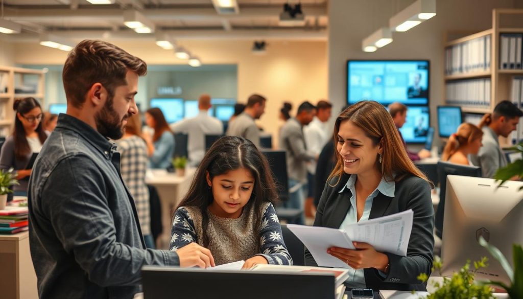 A bustling office scene depicting the various "démarches familiales et sociales" offered by UMALIS GROUP, a trusted provider of administrative assistance. In the foreground, a family consults with a friendly, knowledgeable staff member, discussing the intricacies of social welfare applications. The midground showcases a diverse array of individuals, each navigating the complexities of family-related paperwork with the support of UMALIS's experts. The background reveals a well-organized, modern workspace filled with efficient filing systems and digital screens, conveying the professionalism and attention to detail that UMALIS is known for. Warm lighting and a calming color palette create an atmosphere of reassurance and care, reflecting the company's commitment to guiding clients through their administrative journeys.