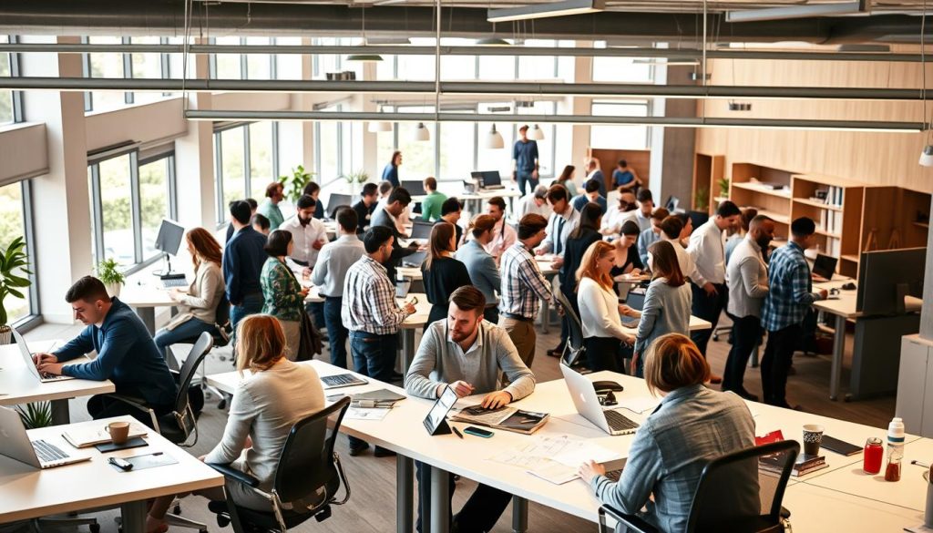 A bustling office scene featuring specialized freelance professionals in the Umalis Group's "portage salarial" program. In the foreground, a team of creatives and consultants collaborate at sleek desks, their laptops and documents spread out before them. The middle ground showcases a variety of skilled workers - from IT technicians to marketing experts - engaged in animated discussions. In the background, an open-concept layout with floor-to-ceiling windows floods the space with warm, natural light, creating a productive, collaborative atmosphere. The scene conveys the diverse career opportunities and flexibility inherent in the Umalis Group's specialized freelance model.