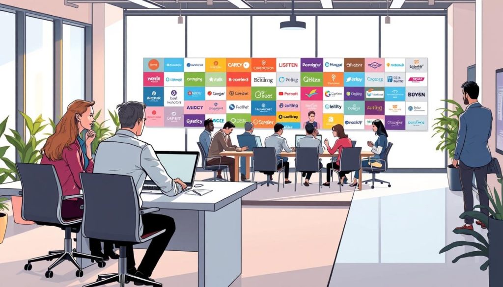 A bustling office scene, illuminated by soft, natural lighting filtering in through large windows. In the foreground, two professionals seated at a sleek, modern desk engage in a lively discussion, their body language conveying rapport and active listening. On the middle-ground, a team collaborates around a large conference table, exchanging ideas and reviewing documents. In the background, a vibrant, colorful wall display showcases client logos and project highlights, reflecting the company's extensive network and successful client relationships. The overall atmosphere is one of professionalism, collaboration, and a commitment to building strong, meaningful connections with clients.