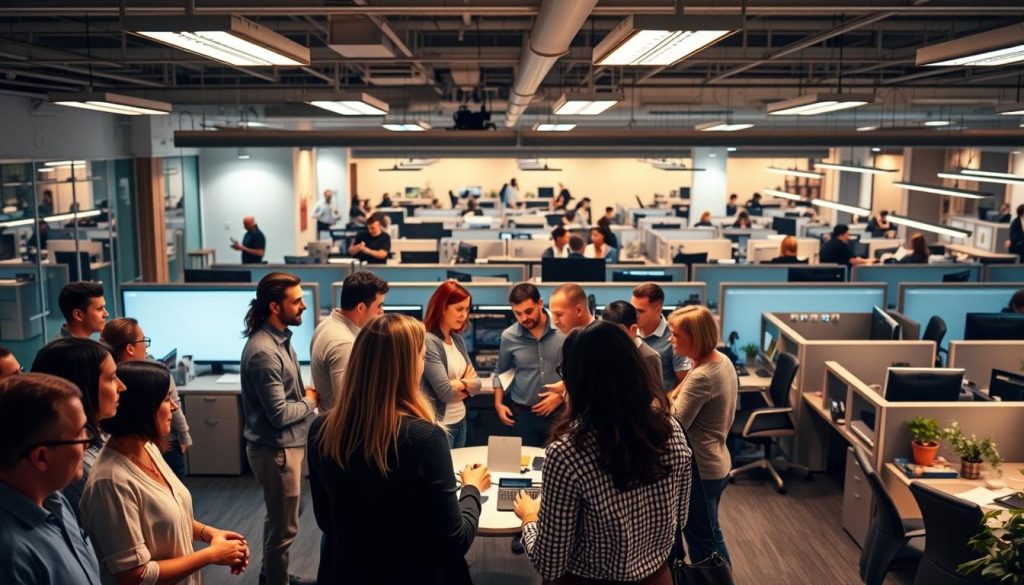 A bustling office scene, illuminated by the warm glow of LIGHT PORTAGE lighting. In the foreground, professionals engage in animated discussions, exchanging ideas and forging connections. The middle ground showcases a diverse group collaborating around a conference table, their body language exuding camaraderie and problem-solving. In the background, a network of offices and cubicles can be seen, hinting at the larger professional ecosystem. The atmosphere is one of productivity, collaboration, and a shared sense of purpose, reflecting the essence of building a supportive professional network.