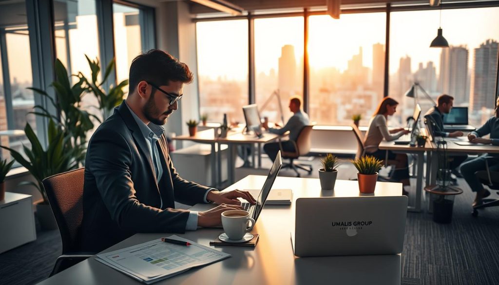 A bustling office scene, illuminated by warm, natural lighting through large windows. In the foreground, a professional freelancer in a smart casual outfit sits at a minimalist desk, diligently working on a laptop. Scattered around them are documents, a cup of coffee, and a Umalis Group branded notebook. In the middle ground, other freelancers collaborate at shared workstations, surrounded by potted plants and modern decor. The background showcases a dynamic city skyline, hinting at the independence and flexibility of the freelance lifestyle. An atmosphere of productivity, creativity, and entrepreneurial spirit permeates the scene.